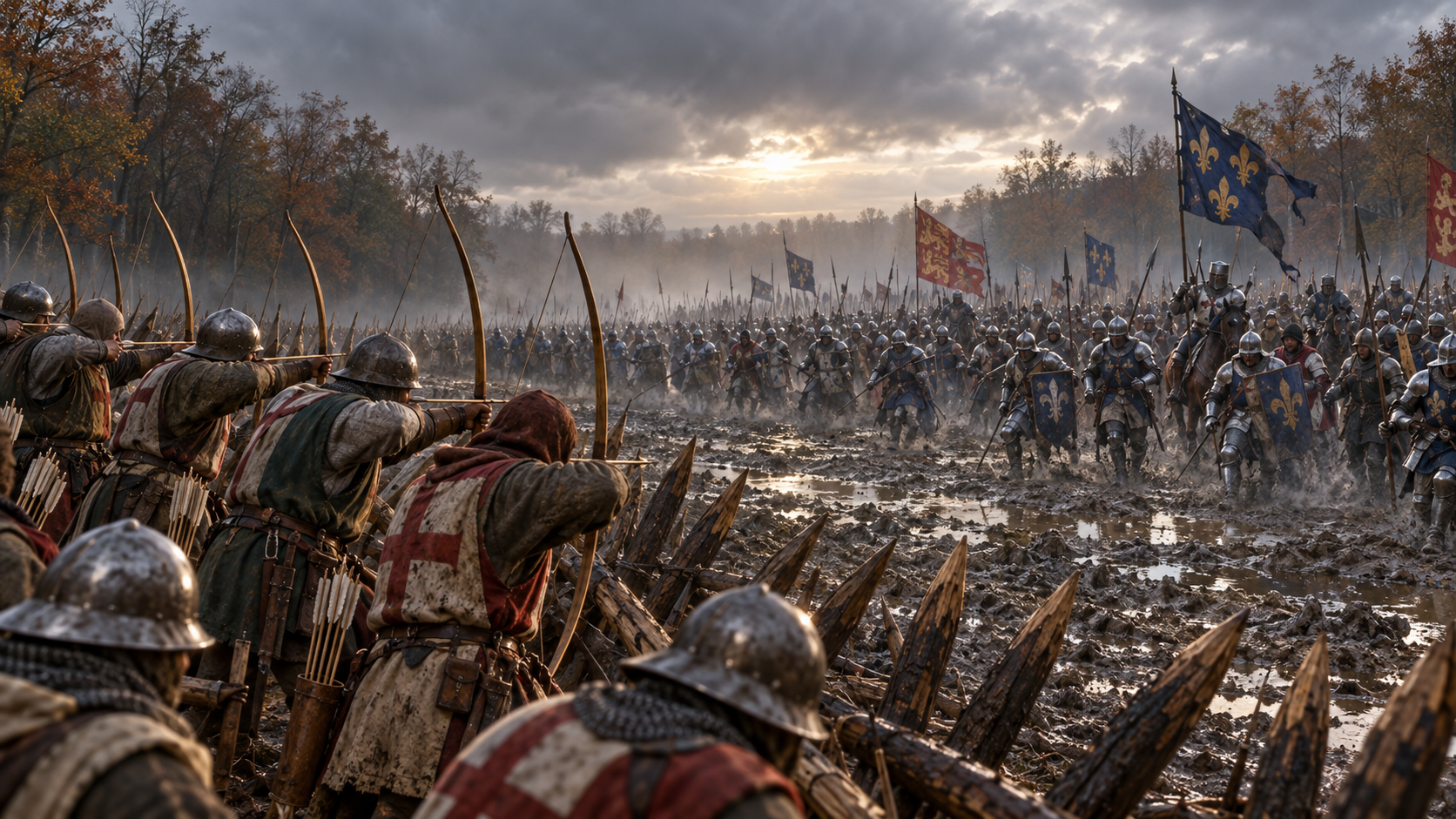 English longbowmen face advancing French men-at-arms across the muddy field at Agincourt